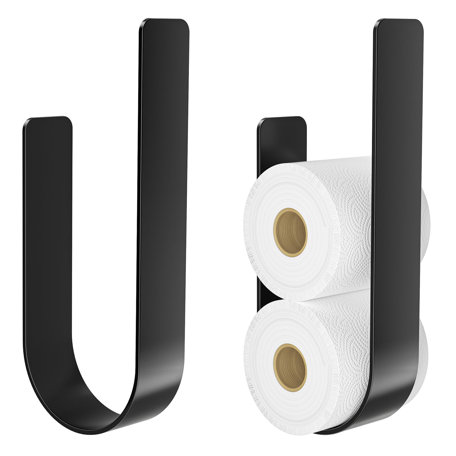 Toilet Roll Storage Holder Wall Mounted for 3 Rolls, Metal Black Self Sdhesive Spare Ioo Roll Storage Stand for Bathroom, Black, (2pack)