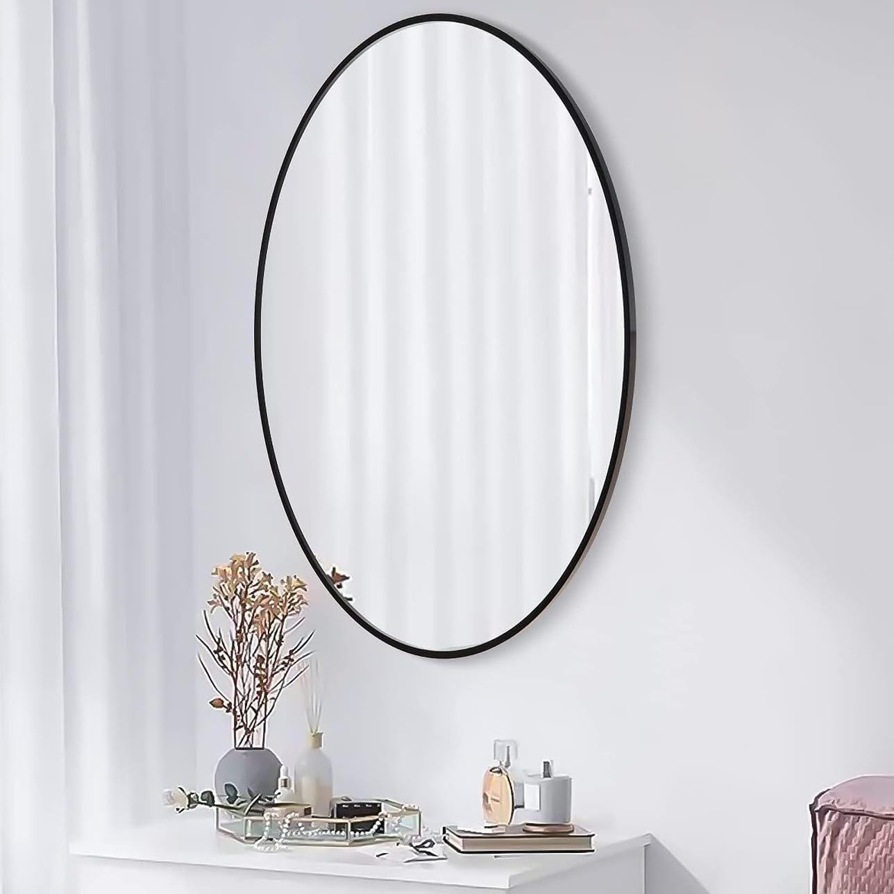 20x30 Oval Mirror Round Full Length Wall Mounted Hanging or Against Wall Metal Frame Dressing Make-up Mirrors for Entryway Bedroom Bathroom Living Room 30 20 inch Black