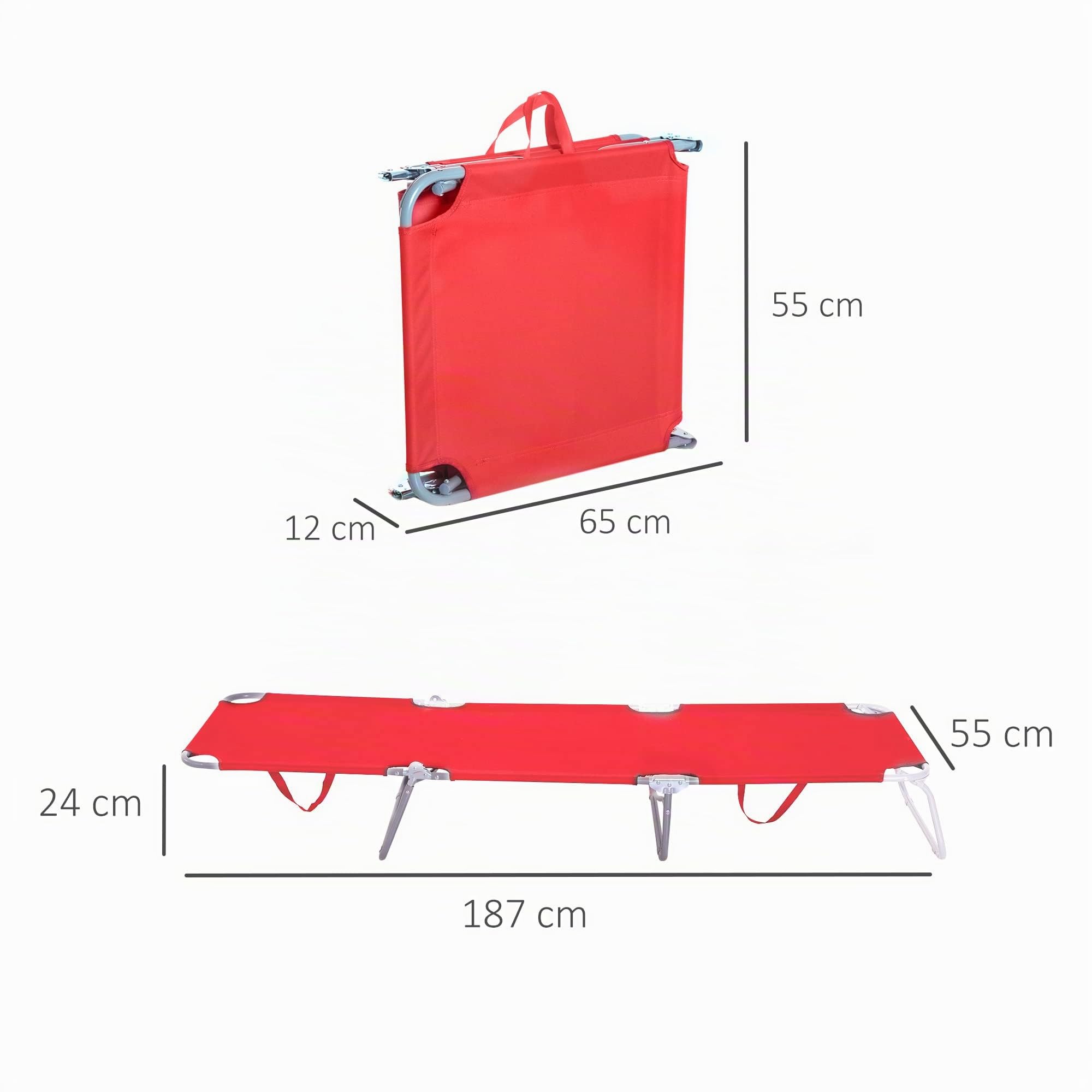 Outsunny Lettino Prendisole Pieghevole Reclinabile 187x55x24cm Rosso | Schienale su 5 Livelli, Sdraio da Spiaggia e Giardino, Struttura in Metallo e Tessuto Oxford, per Piscina