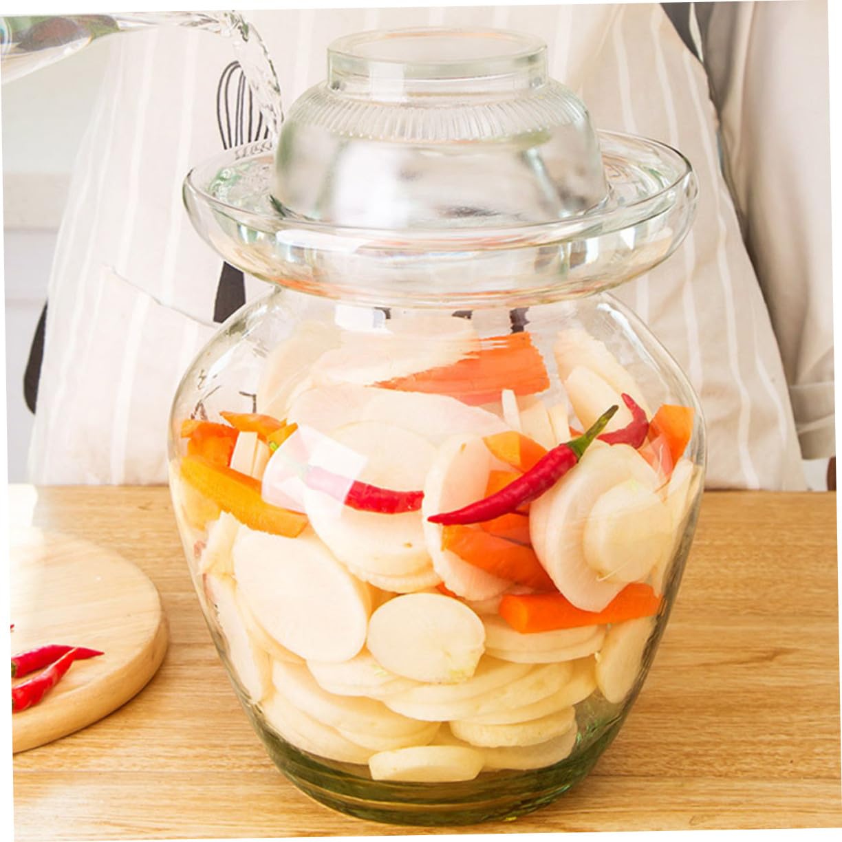 Tarro de Cristal para Encurtidos Tapa, Vidrio, Acero Inoxidable y Plástico | Verduras y Pepinillos, Uso en Cocina, Fácil de Limpiar, Incluye Cepillo y Pinza