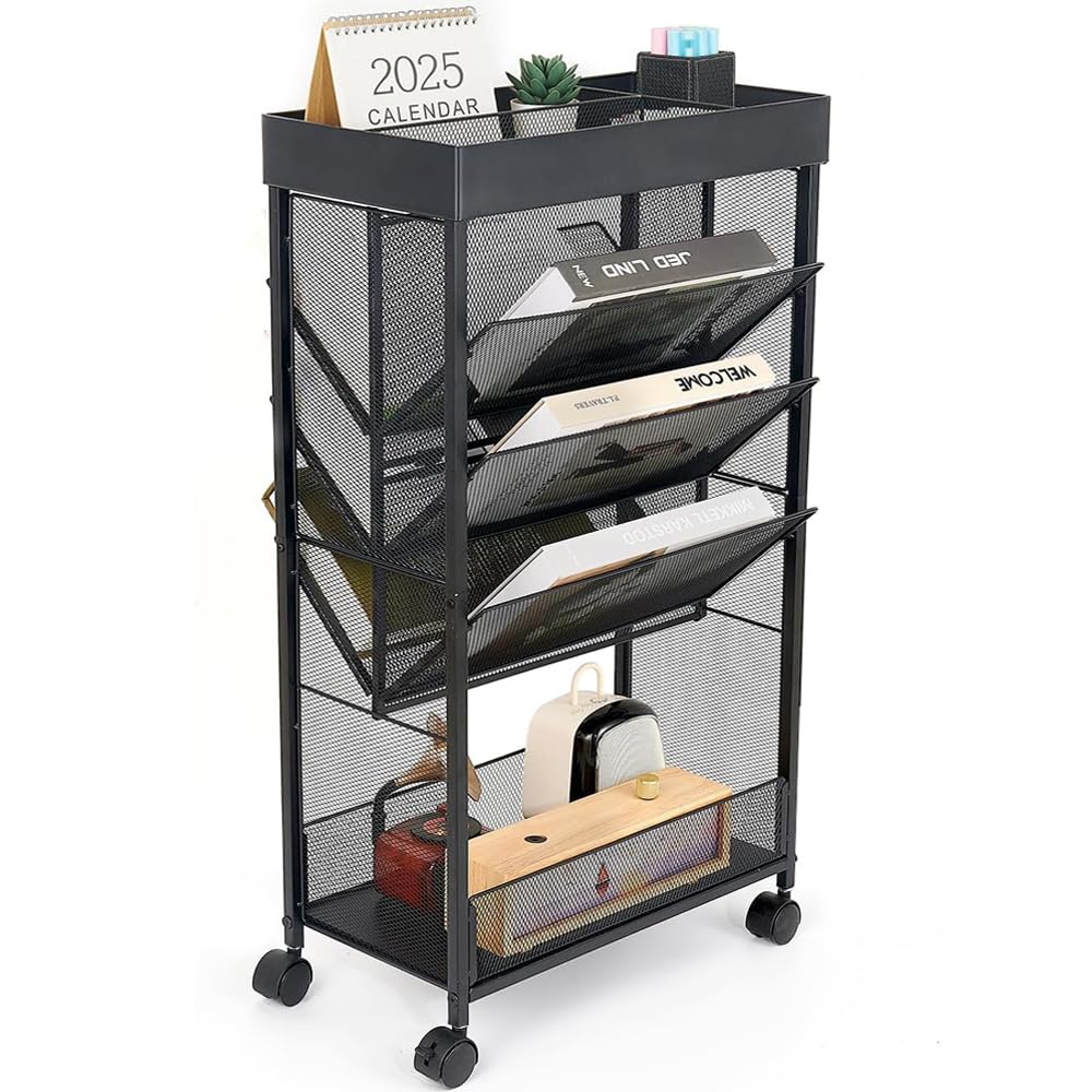 gianotter Book Rack Storage Bookshelf, 5 Tier Book Carts with Wheels, Rolling Cart Organizer for Study Office Kitchen Classroom
