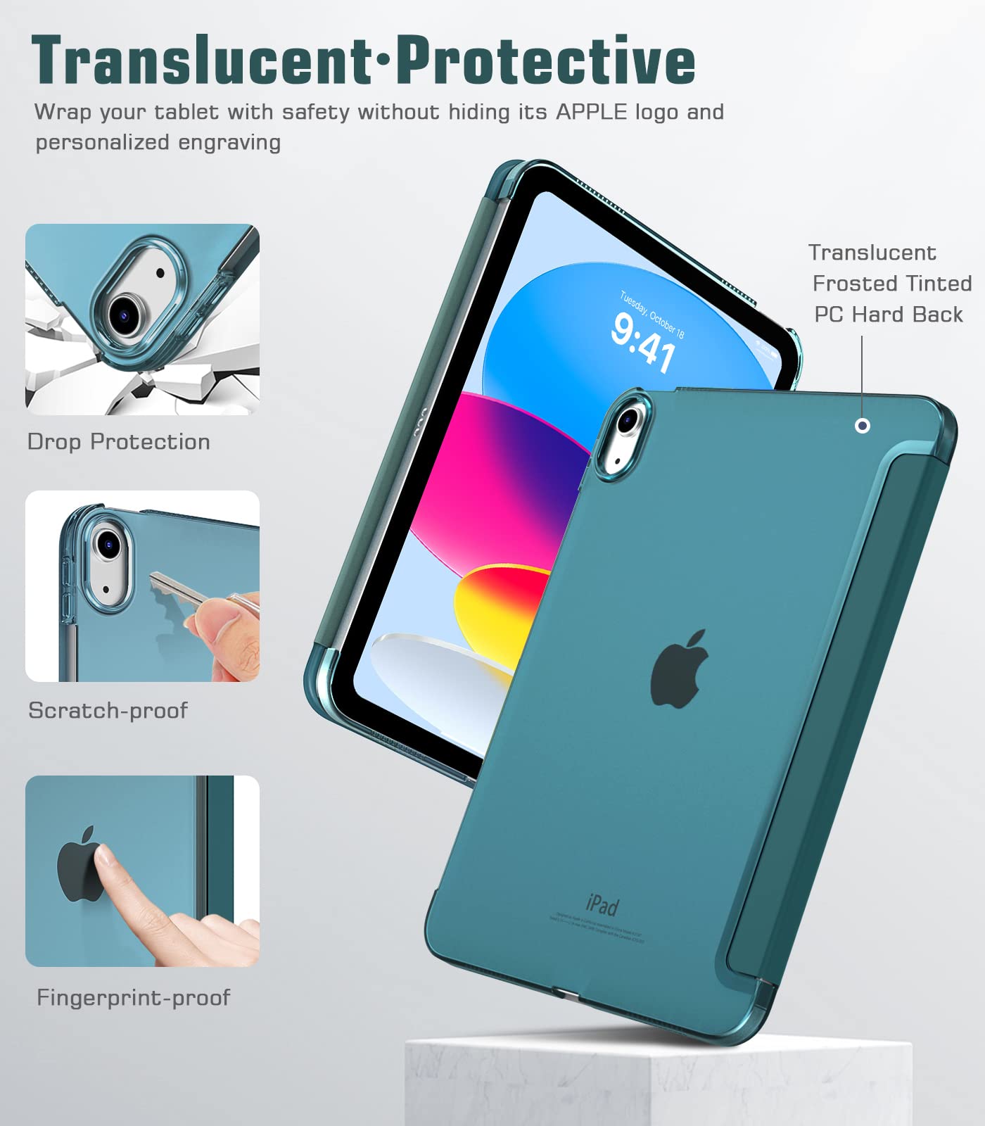 TiMOVO Cover Custodia Compatibile con iPad 10 Generazione 10,9" 2022, iPad 10 Cover con Retro in PC Rigido Semi-Trasparente, Funzione di Auto Sveglia/Sonno, Turchese