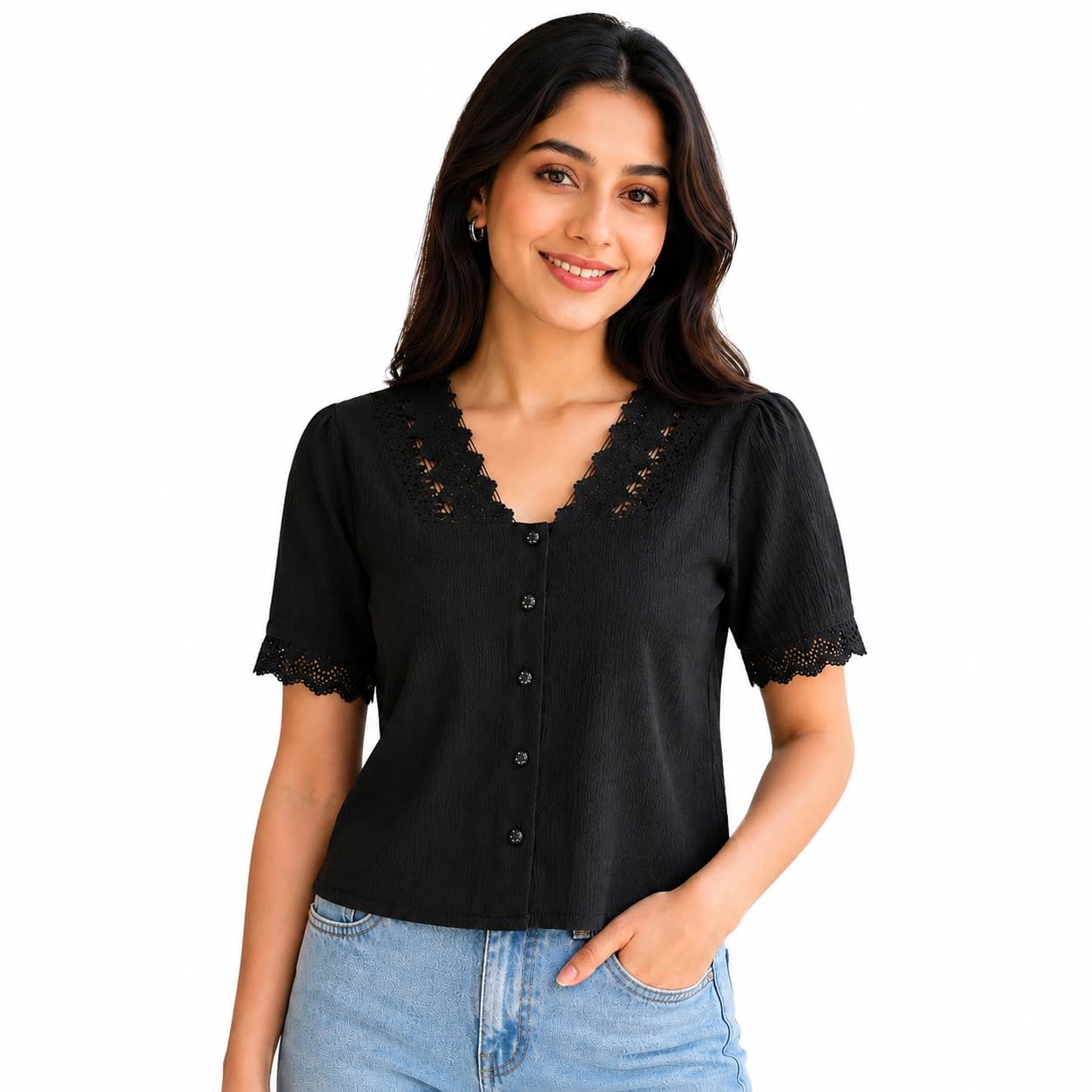 alizahub Women Black Rayon Top | V-Neck Lace Detail Casual Stylish Top for Women | Trendy Short Sleeve-picture-51