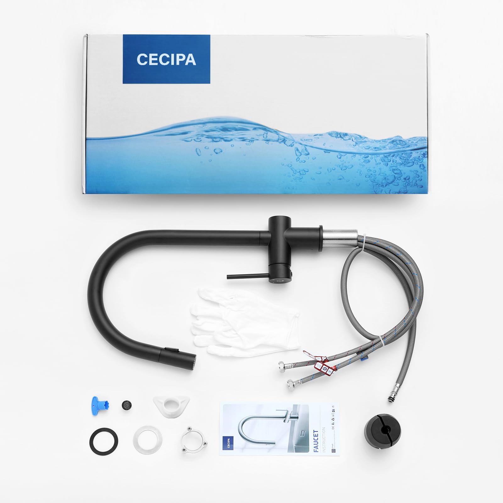 CECIPA Robinet de Cuisine Noir Extractible, Mitigeur avec Douchette 2 Modes de Jet, Rotation 360°, Haute Pression, Acier Inoxydable pour Évier de Cuisine