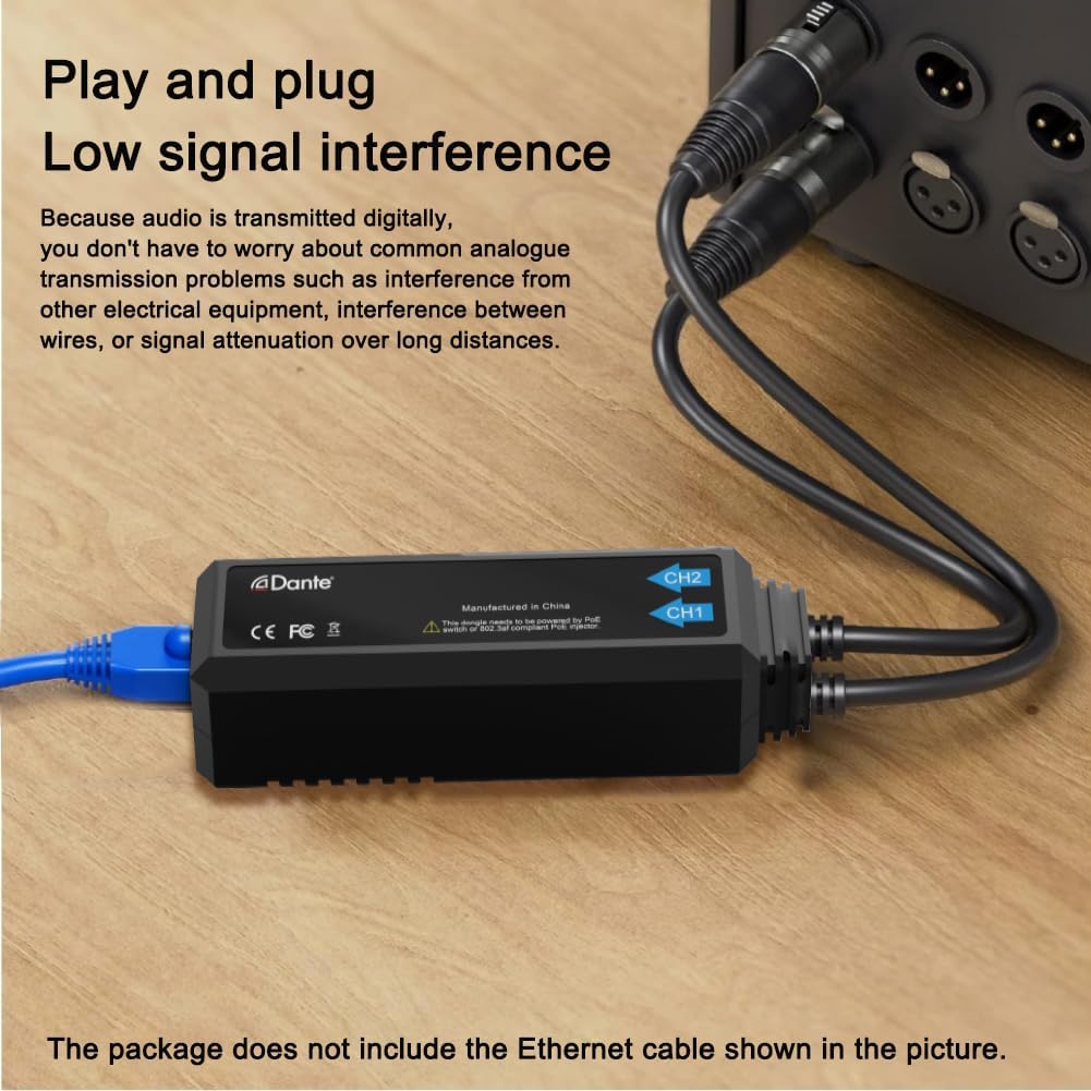 Dante 2Ch Analog Input Dongle Converter 24-bit Audio and 2X0 Channels Allow Analog Audio Signal Convert to Digital Signal IEEE802.3af PoE Power Pupply