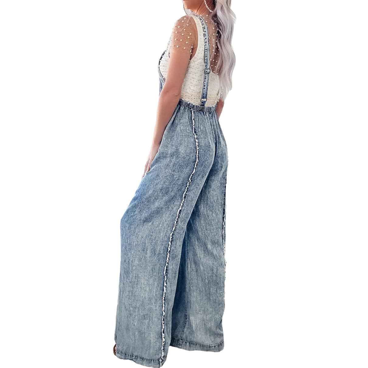 Salopette da Donna Ampia in Denim Vintage Invecchiato Tuta Casual Ampia con giunture grezze Jeans a Gamba Larga Pagliaccetti Lunghi