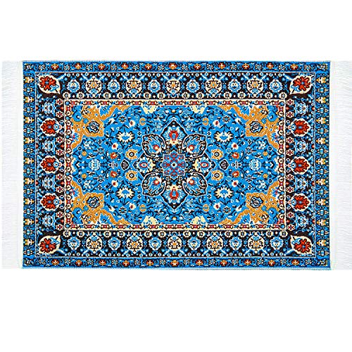 Skylety 1:12 Miniature Carpet Blue Floral Print Vintage Woven Rug Miniature Turkey Rug Bedroom Floor Furniture Accessory Blanket for Miniature Dollhouse Decoration