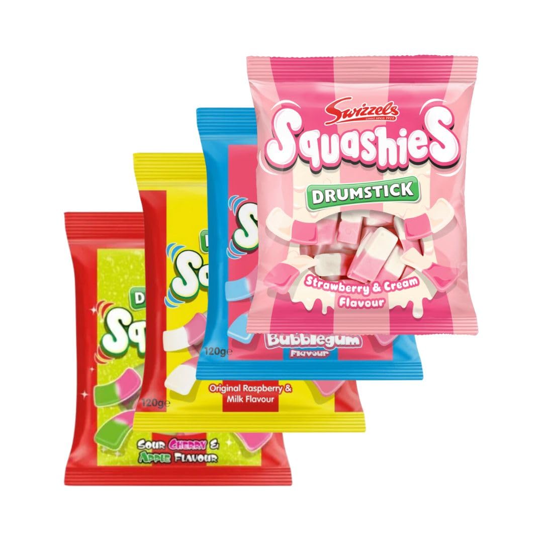 Squashies DrumStick Original Rasberry & Milk, Sour Cherry & Apple Flavour, Bubblegum, Strawberry & Cream Flavor, Candies - MultiPack - 120G (4 Pack Bundle) - Imported from UK (Variety4)