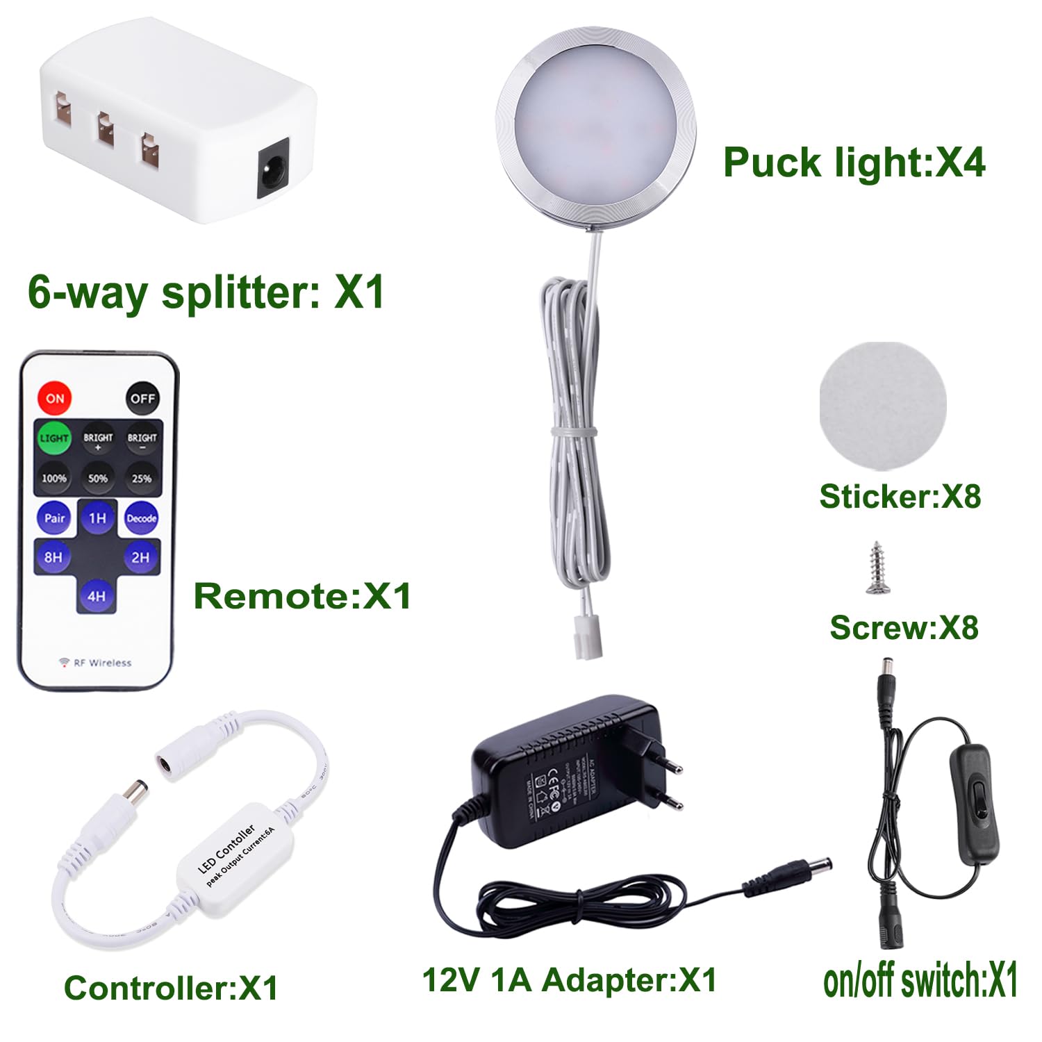 AIBOO Lampa podszafkowa LED do kuchni, 4 sztuki, z pilotem zdalnego sterowania, kabel wtykowy, 6000 K, oświetlenie szafy, lampka nocna z przełącznikiem, oświetlenie witryn kuchennych, szaf, szafki na