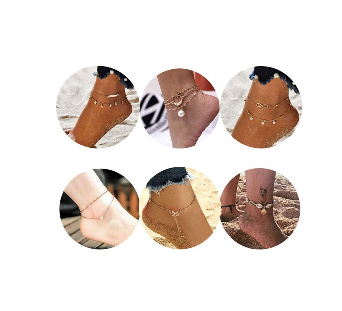 KAMRESH 4pcs Blue Starfish Turtle Anklets Multilayer Boho Sea Handmade Anklet for Women Girls Foot Jewelry Set