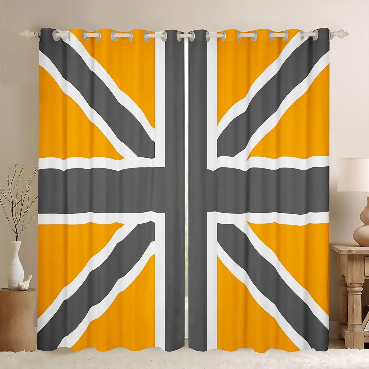 Homewish Yellow Grey Union Jack Blackout Curtains 46 x 54 for Bedroom — image 1