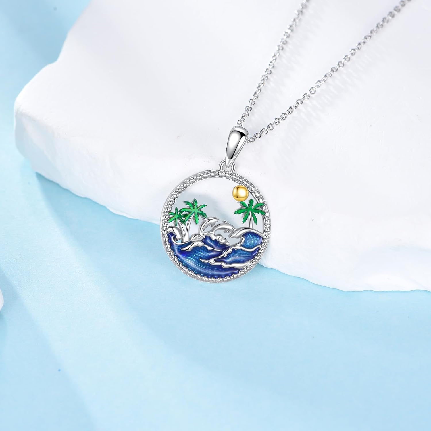 Dolphin Necklace 925 Sterling Silver Dolphin Palm Tree Pendant Ocean Jewelry Gifts for Women - Image 5