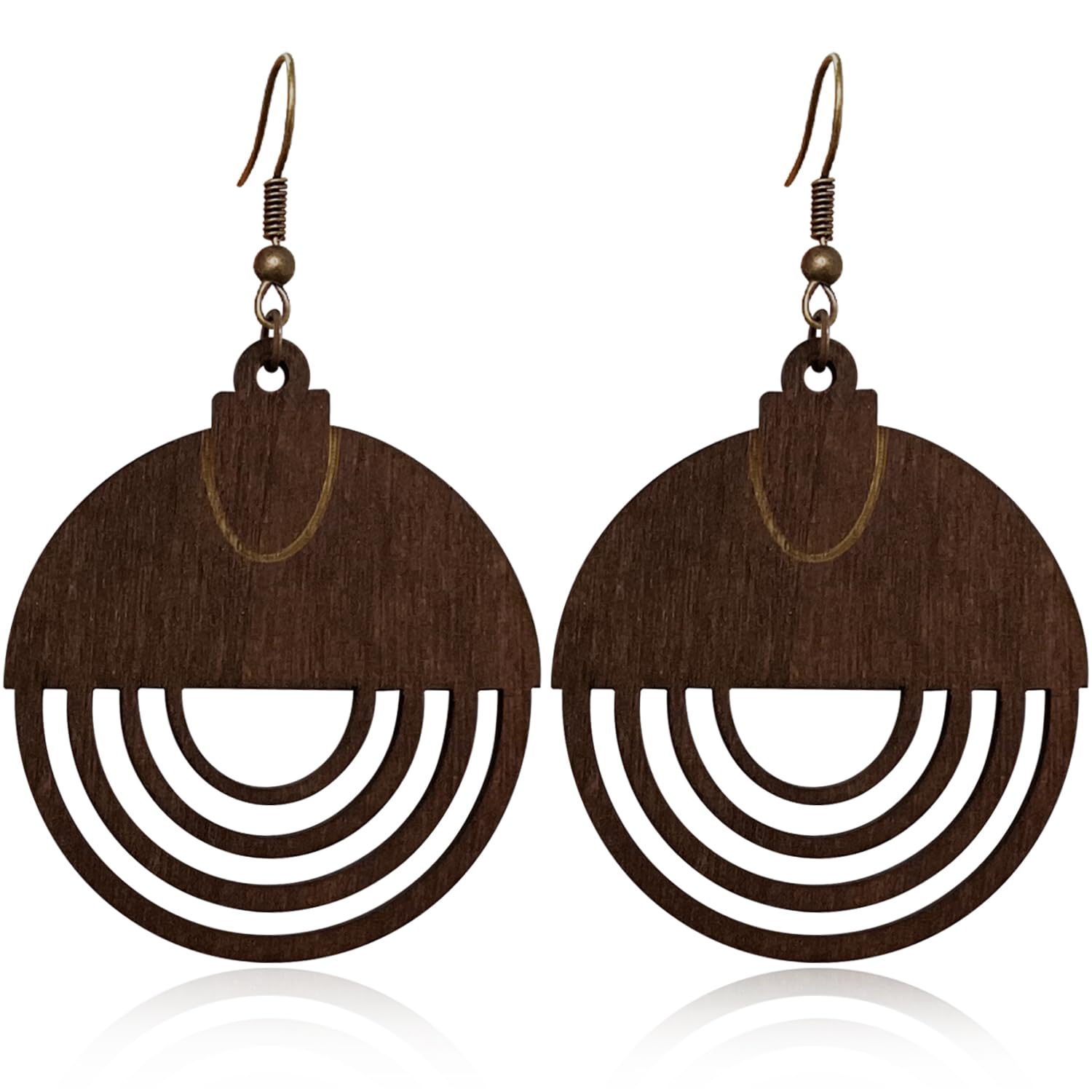 WUWEIJIAJIA Bohemian Style Hollowing Round Wooden Statement Dangle Drop Earrings Tribal Geometric Retro Handmade Wooden Hook Earrings