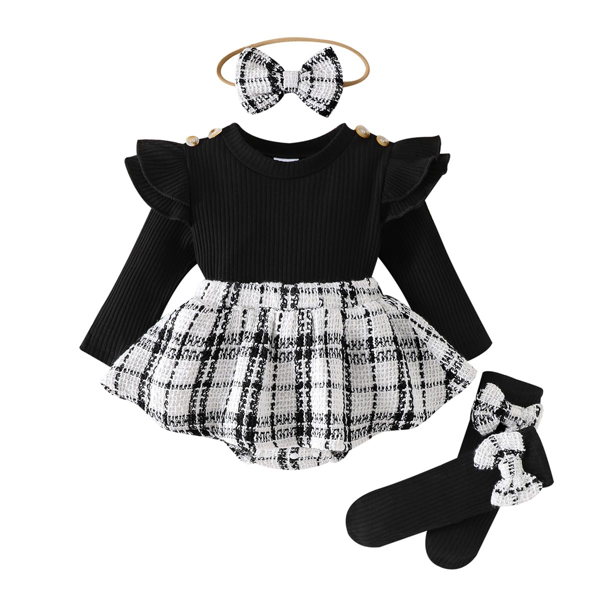Baby Mädchen Outfits Kleinkind Ruffle Strampler Langarm Bodysuit+Stirnband+Socken Neugeborenes Jumpsuit Set