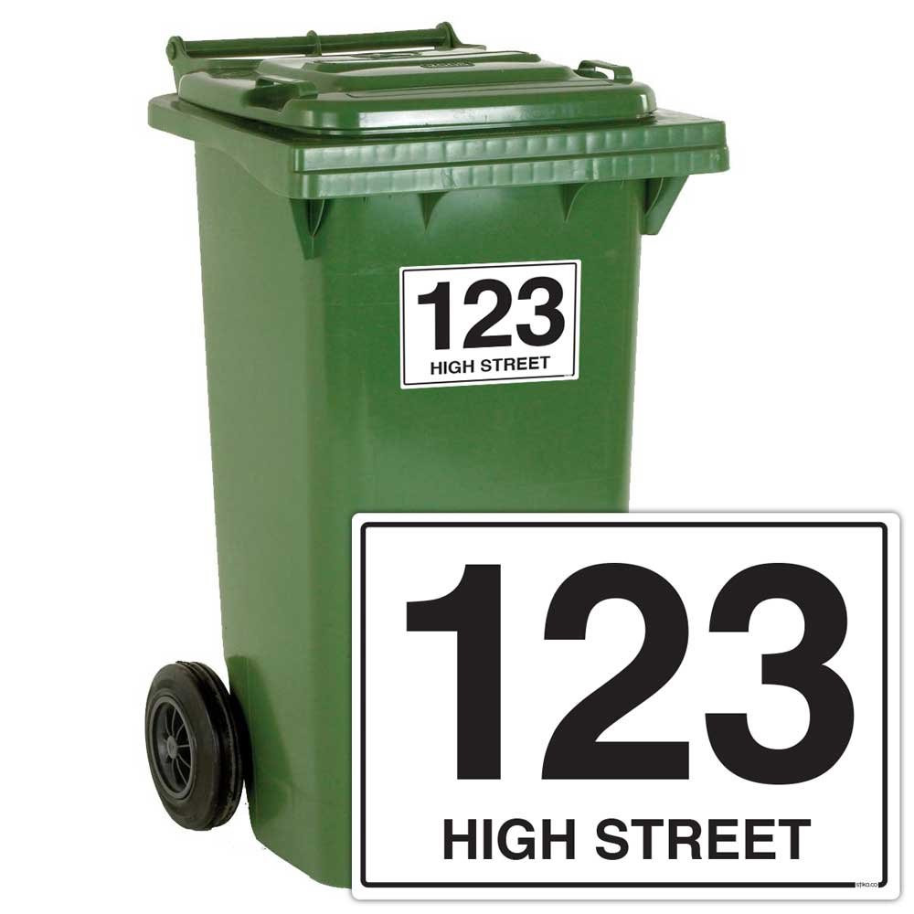 stika.co Pack of 4 Personalised waterproof wheelie bin Number and Road Name stickers - Bin and Recycle waste containers Self-adhesive Vinyl stickers (A4-297x210mm, Laminated Vinyl)