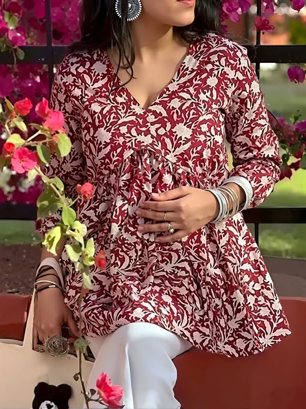 Image of Dream Beauty Fashion Women's Printed Tunic Top /Short Kurti with Long Sleeve V-Neck -23 inch Inches (Tunic-Top)