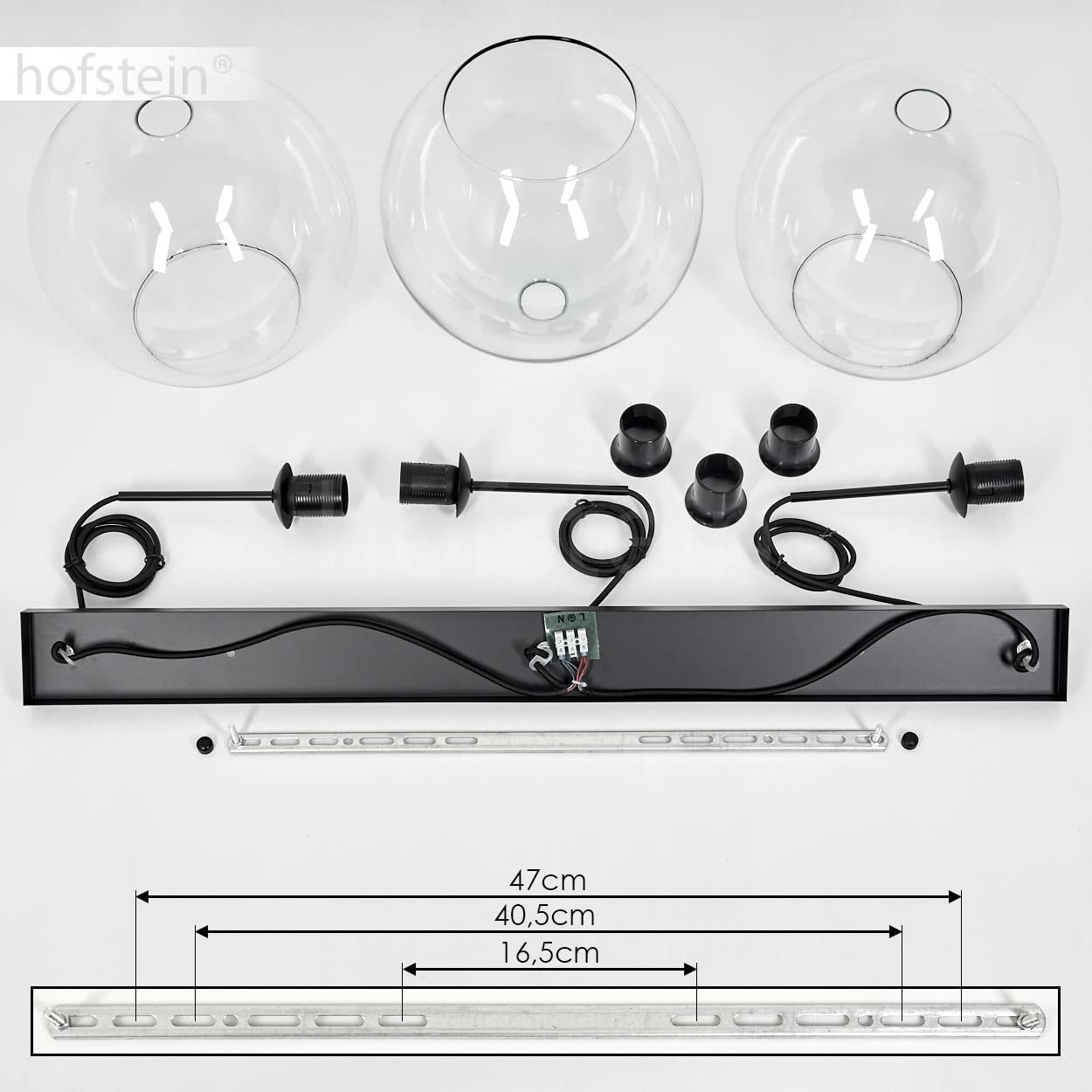 Koyoto hanglamp, metalen/glas hanglamp in zwart/goud/helder, retro design met glazen kappen (20 cm; 25 cm; 30 cm), max. hoogte 151,5 cm, 3 lampen, 3 x E27, zonder gloeilampen