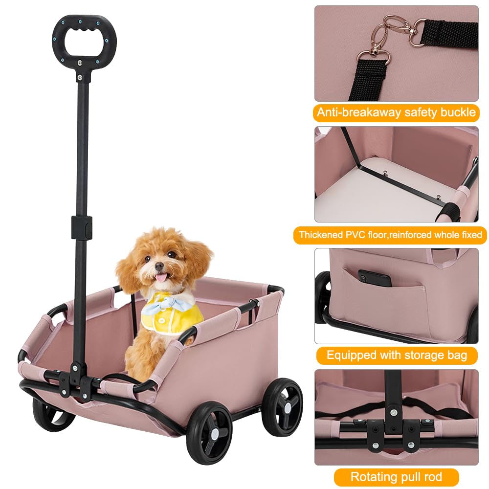 Carro de transporte para perros y gatos con asa retráctil, cochecito de viaje plegable de 4 ruedas con bolsa transportadora lavable para animales pequeños, hasta 4 kg (rosa)