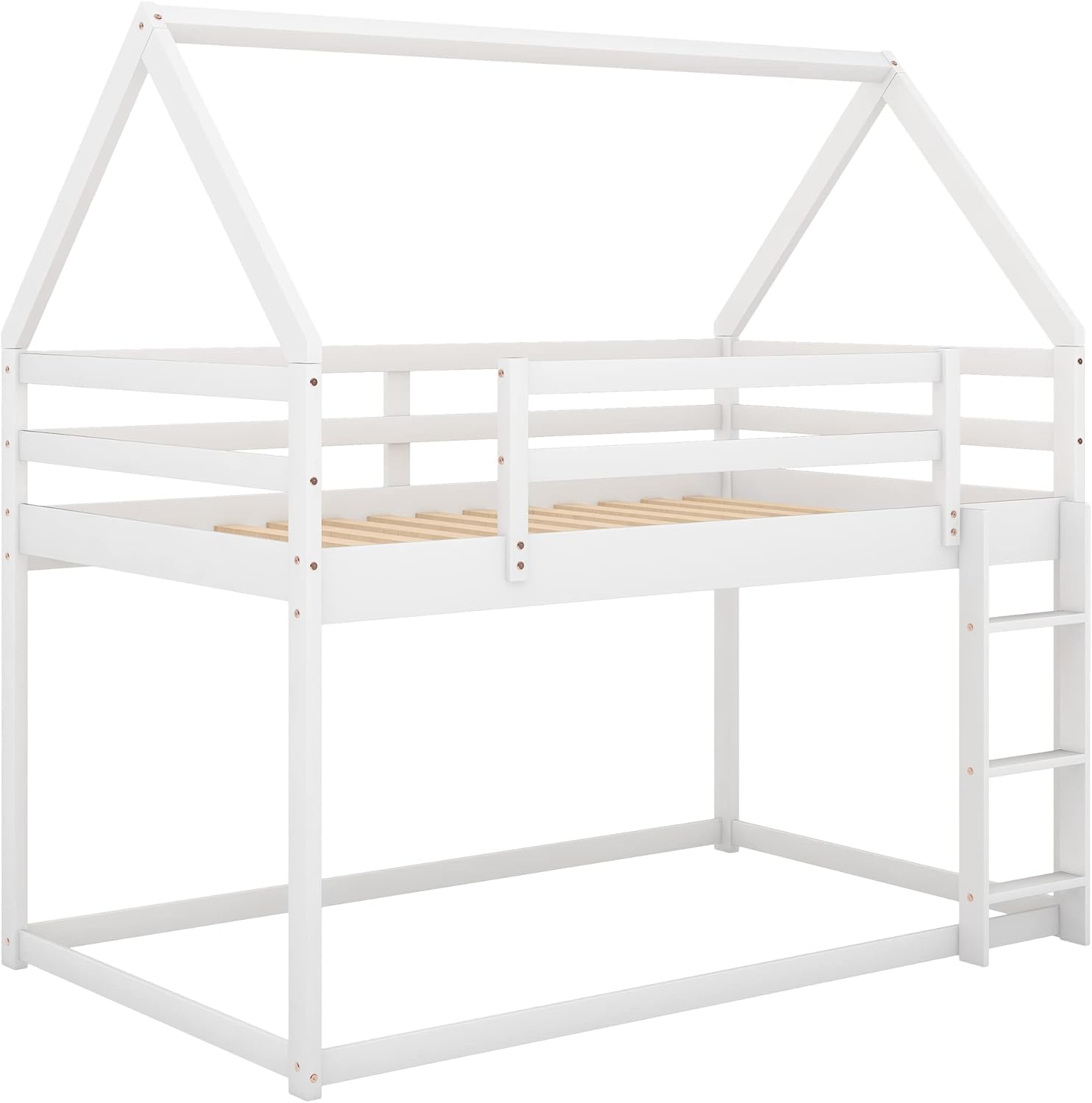 Merax Modern Floor Bunk Bed with Ladder Twin Over Twin, Wood House Shaped Bunk Bed Frame for Kids Boys Girls, No Box Spring Needed White