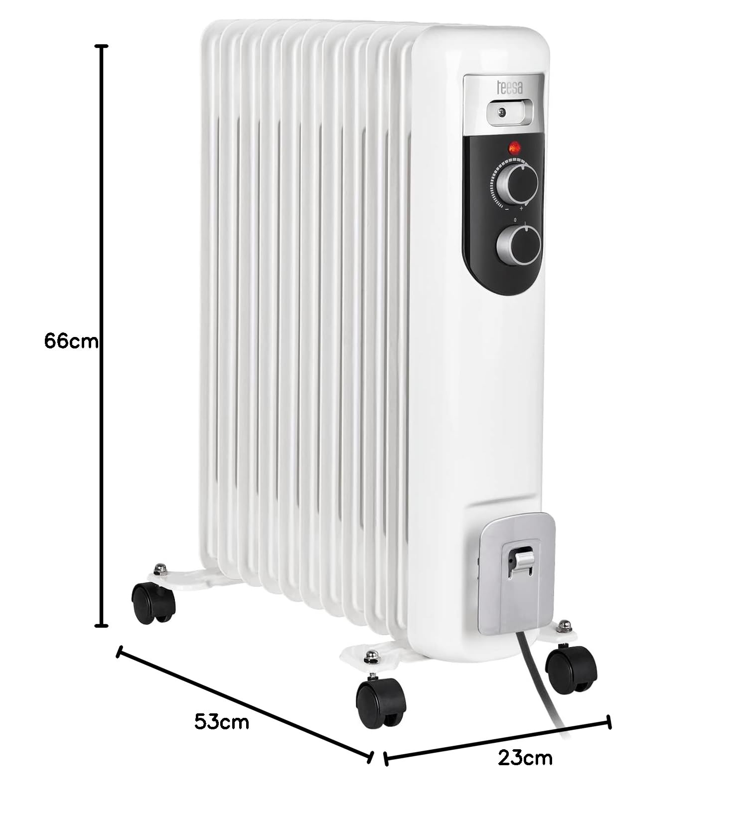 Teesa TSA8049 elektryczny grzejnik olejowy 2500 W (11 żeber), grzejnik z termostatem, 3 stopnie ogrzewania, na 4 kółkach, biały