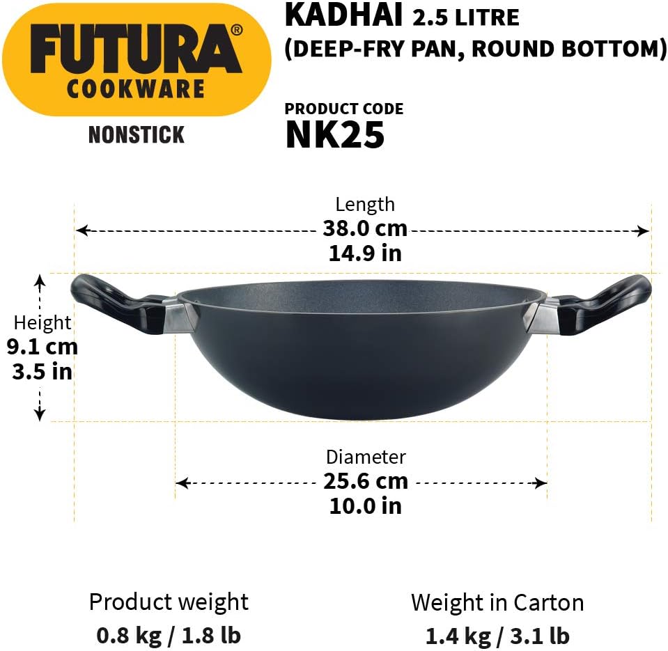 HAWKINS Futura Deep Fry Pan, Non Stick Kadai, Round Bottom Kadhai, Black NK25 2.5 Litre