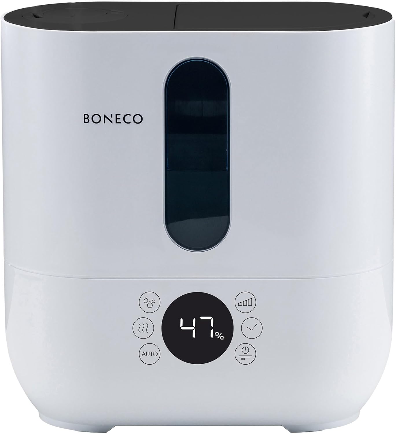Front view of BONECO U350 humidifier with digital display showing 47% humidity