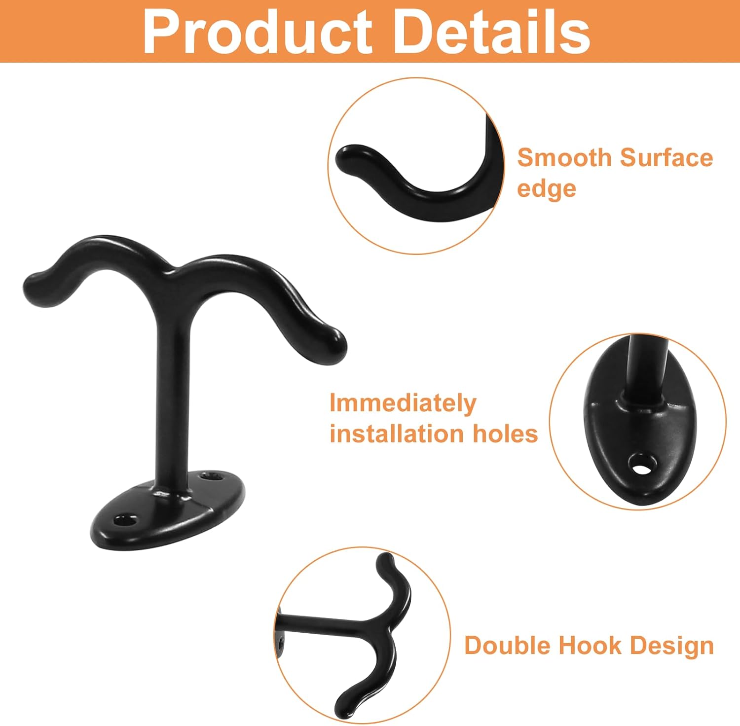 Black Zinc Alloy Double Prong Ceiling Hook Towel, Robe Clothes Hook, Coat Hook for Cabinet Closet Bathroom Garage(Pack of 6)