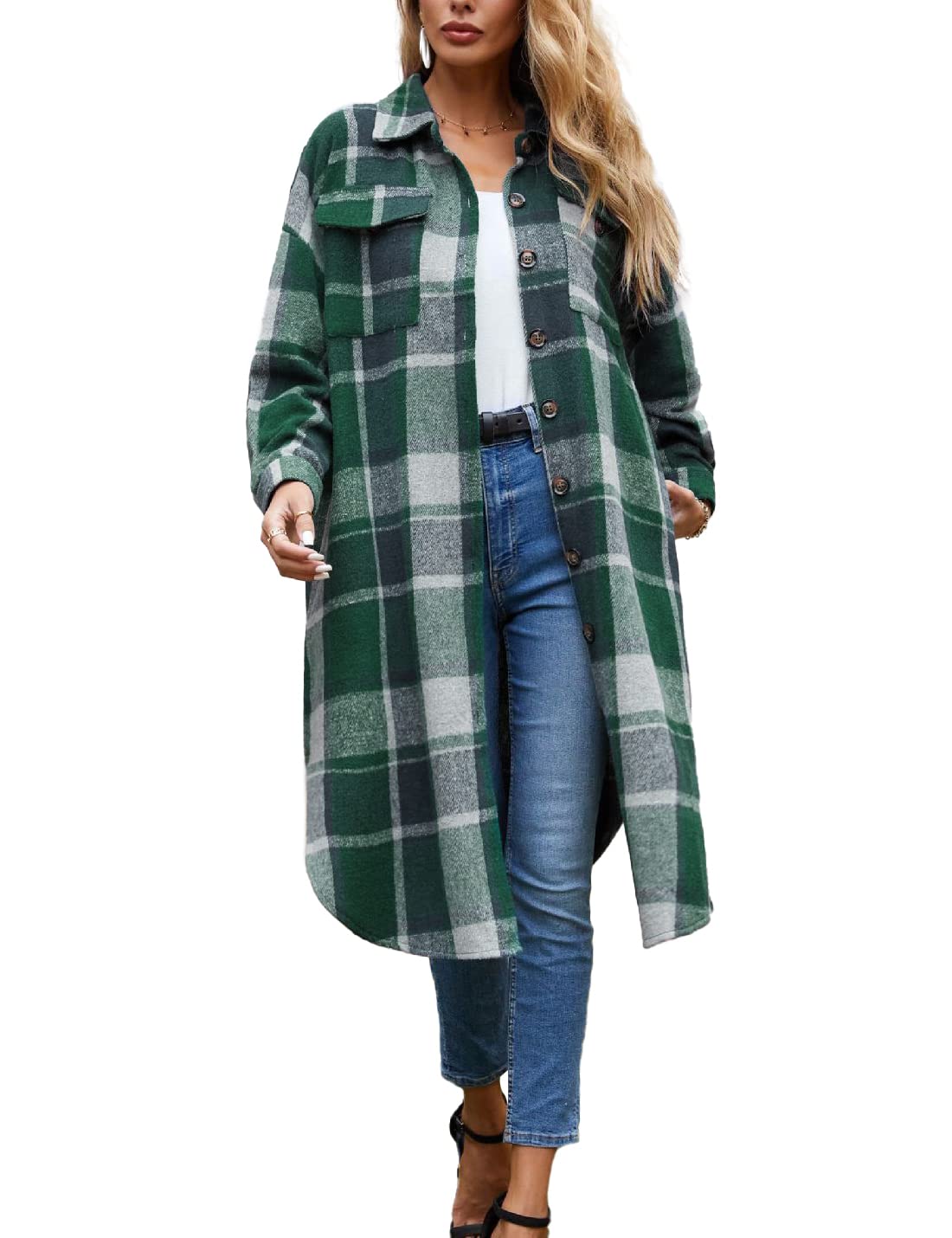 Sukany Lässiges Damen-Hemd mit Revers, Wollmischung, lang, kariert, Knopfleiste, langärmelig, Jacke