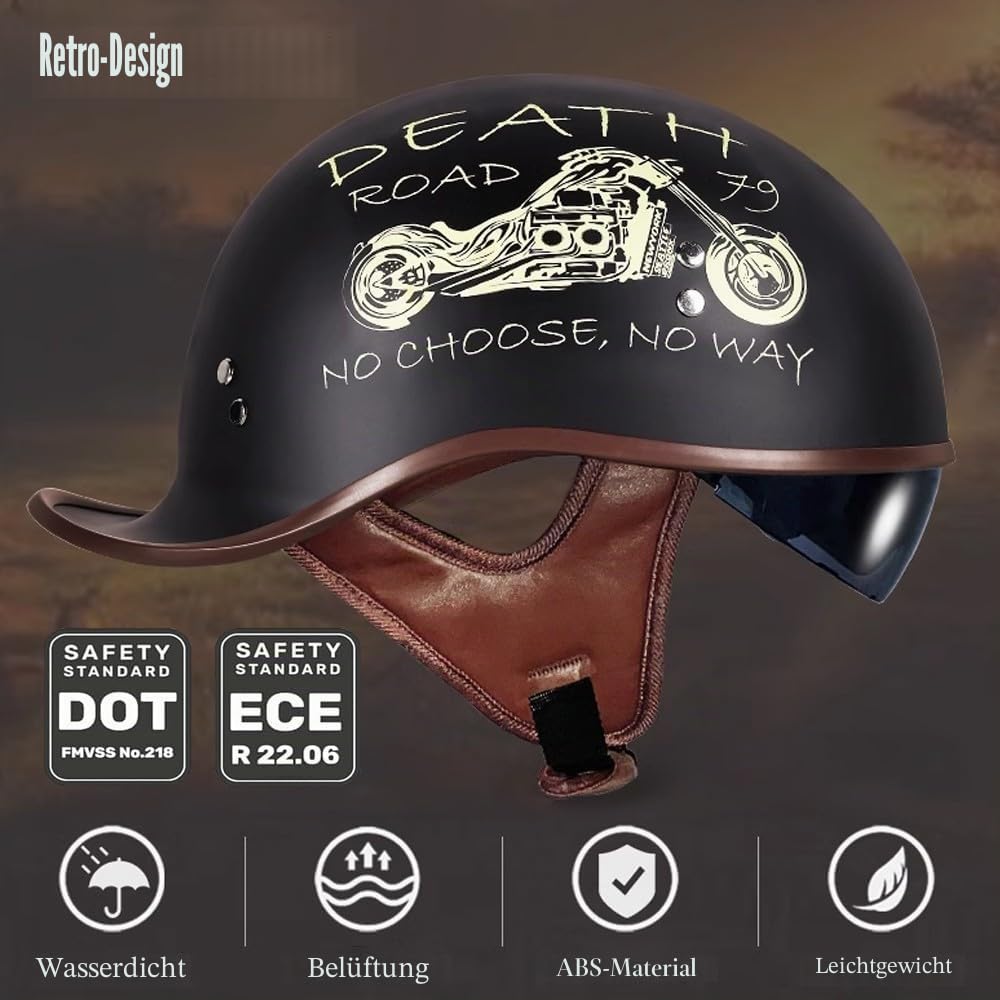 Jethelm mit ECE, Retro Helm im Schwalbenschwanz-Design - Halbschale für Motorrad und Scooter mit Sonnenblende und Herausnehmbares Futter