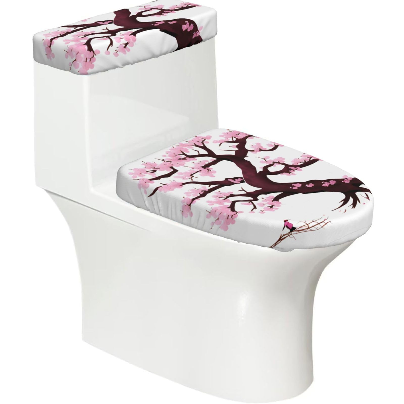 Cntdbu Black Cherry Blossoms Tree Elastic Toilet Cover Set Of 2-Stretchy Lid And Tank Covers For Bathroom, Soft Washable U Shape Toilet Decor