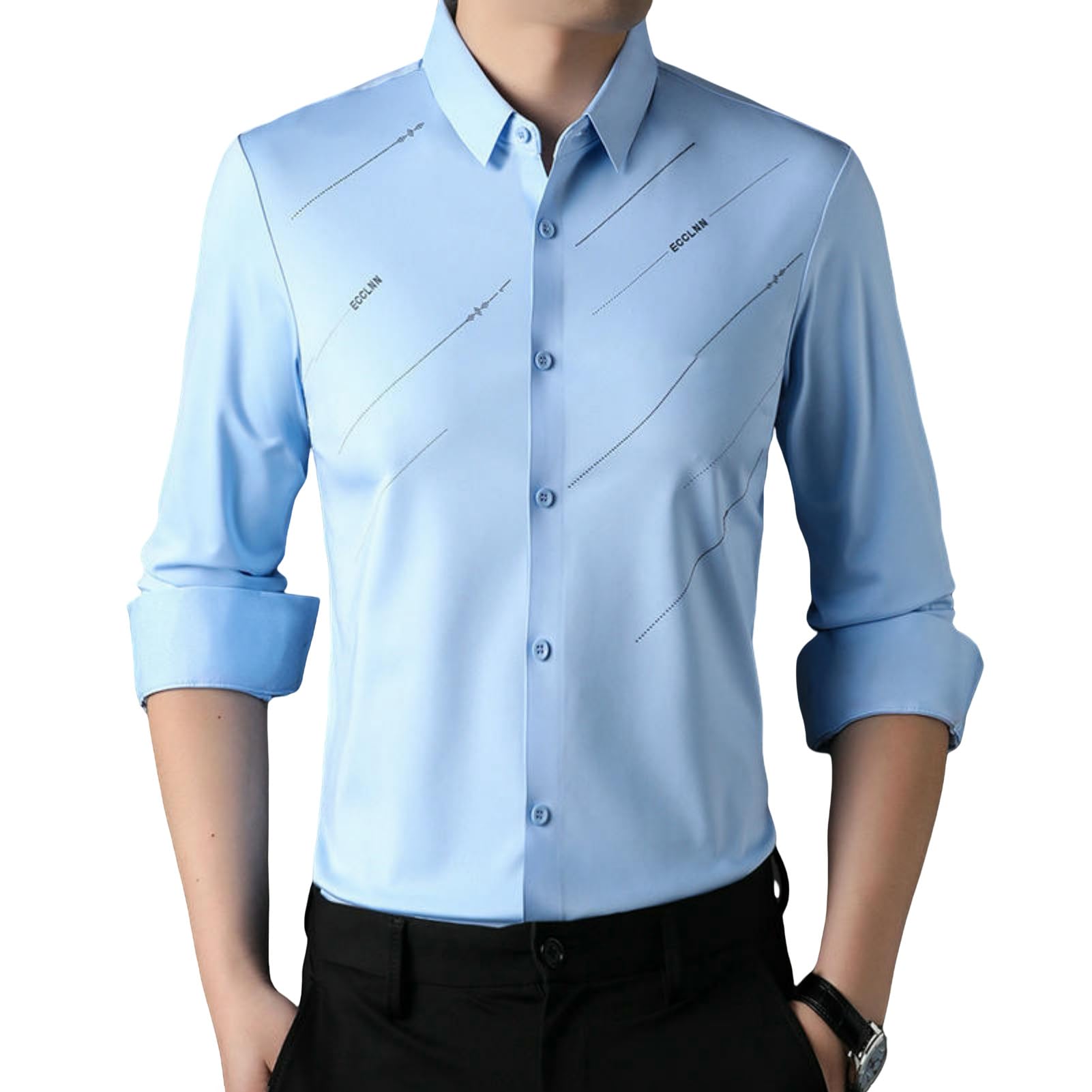 Camicia da uomo a maniche lunghe casual slim fit senza pieghe abbottonatura nascosta traspirante