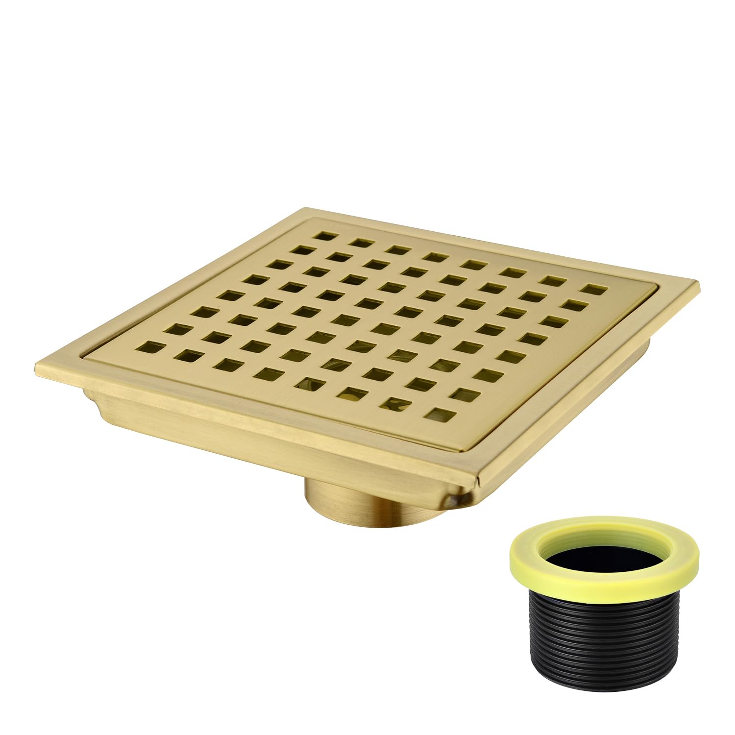 Orhemus Square Shower Floor Drain with Removable Cover Grid Grate 6 inch Long, SUS 304 Stainless Steel Brushed Gold Brass Finished