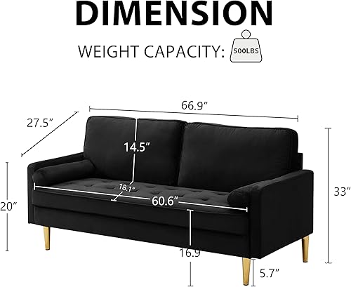 Miniatura 43 de Sofá biplaza de lino moderno de 67 pulgadas, sofá biplaza tapizado de mediados de siglo con 2 almohadas y 4 patas doradas, sofás de 2 plazas para
