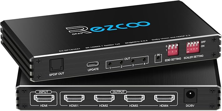 HDMI 2.1 Splitter 4K 120Hz 1 IN 4 Output with Audio Extractor VRR ALLM HDCP2.3 HDR10+ Optical SPDIF and 3.5mm AUX Audio EDID Scaler 4K 1080P HDMI Splitter 1 IN 4 Out for PS5 Xbox NVIDIA