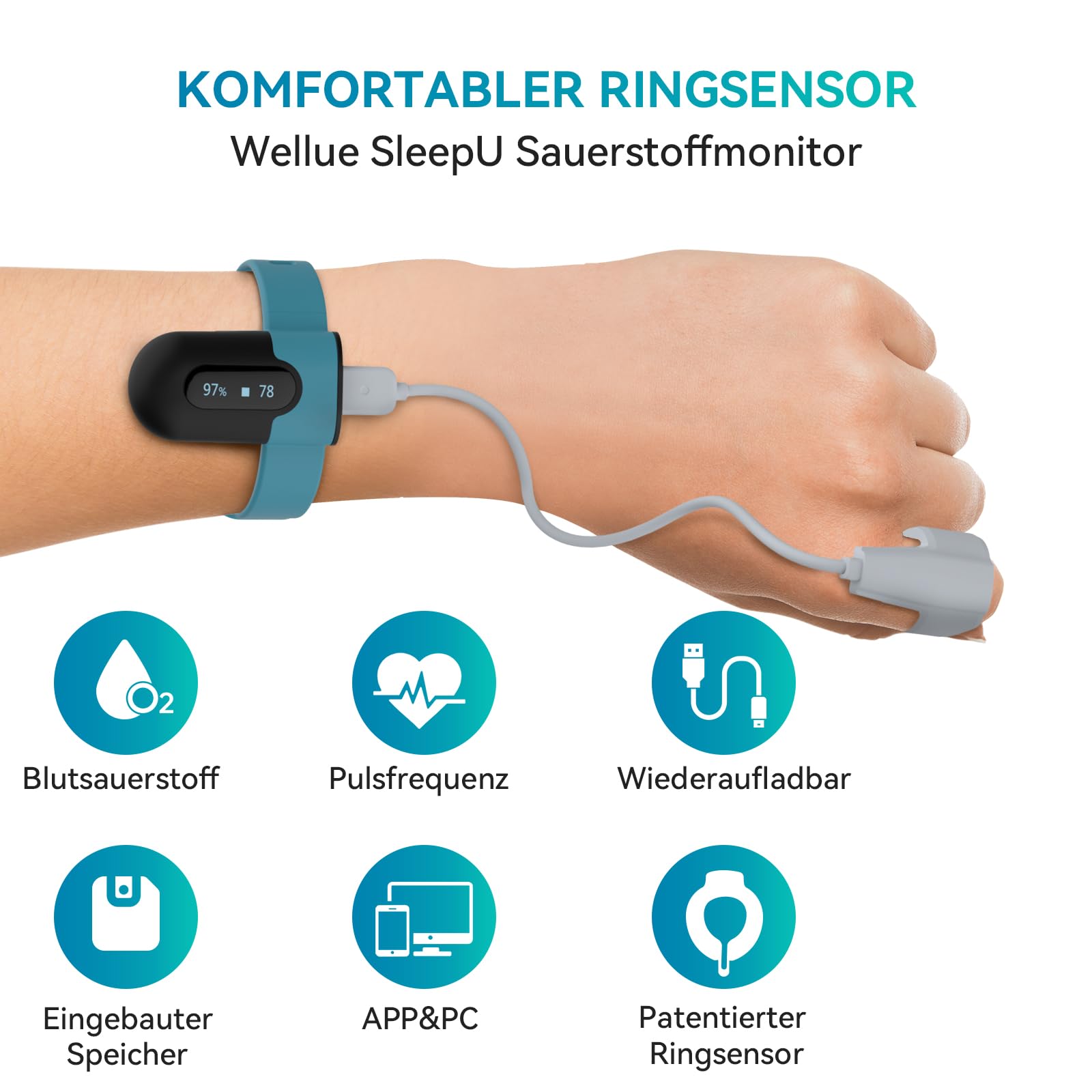 Viatom SleepU Pulsoximeter Handgelenk, Bluetooth Puls Oximeter Sauerstoffsättigung Messgerät Finger, Pulsoximeter Fingeroximeter, Sauerstoffsättigung Schlafmonitor, Vibrations Erinnern, Kostenlose APP