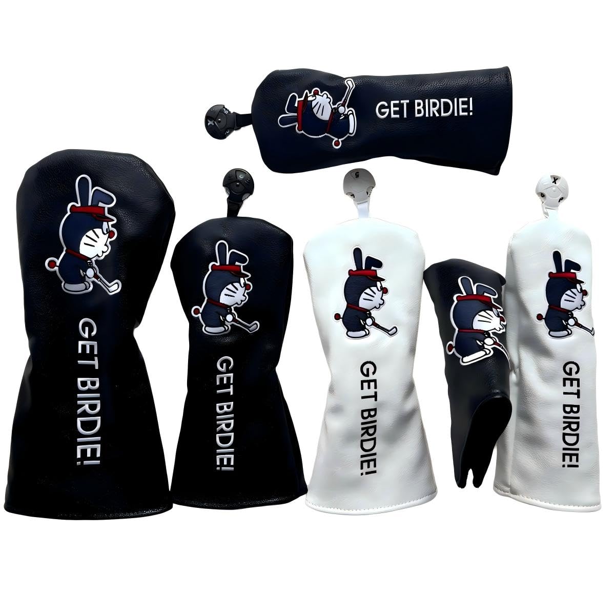 BADGEWOO GET BIRDIE! Set of 5, Golf Head Covers, Embroidered Design, PU Leather, Driver/Fairway Wood/Utility Compatible, U2-U6 Compatible, Conversion Dag Included (Mixed Colors 1.3.5. UT.UT. Right : S