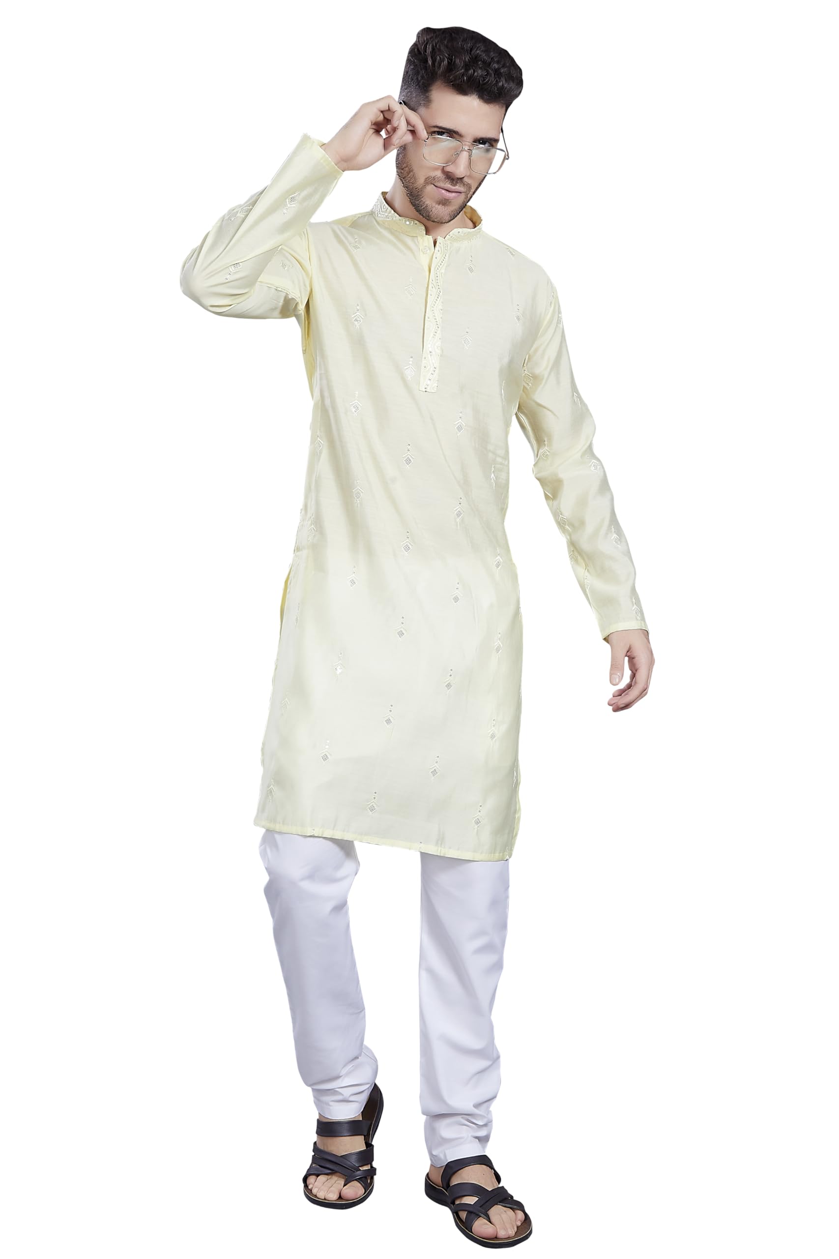 Divisive Men's Embroidered Silk Blend Only Slim Fit Kurta (Dkrt822_Xl_L Yellow)