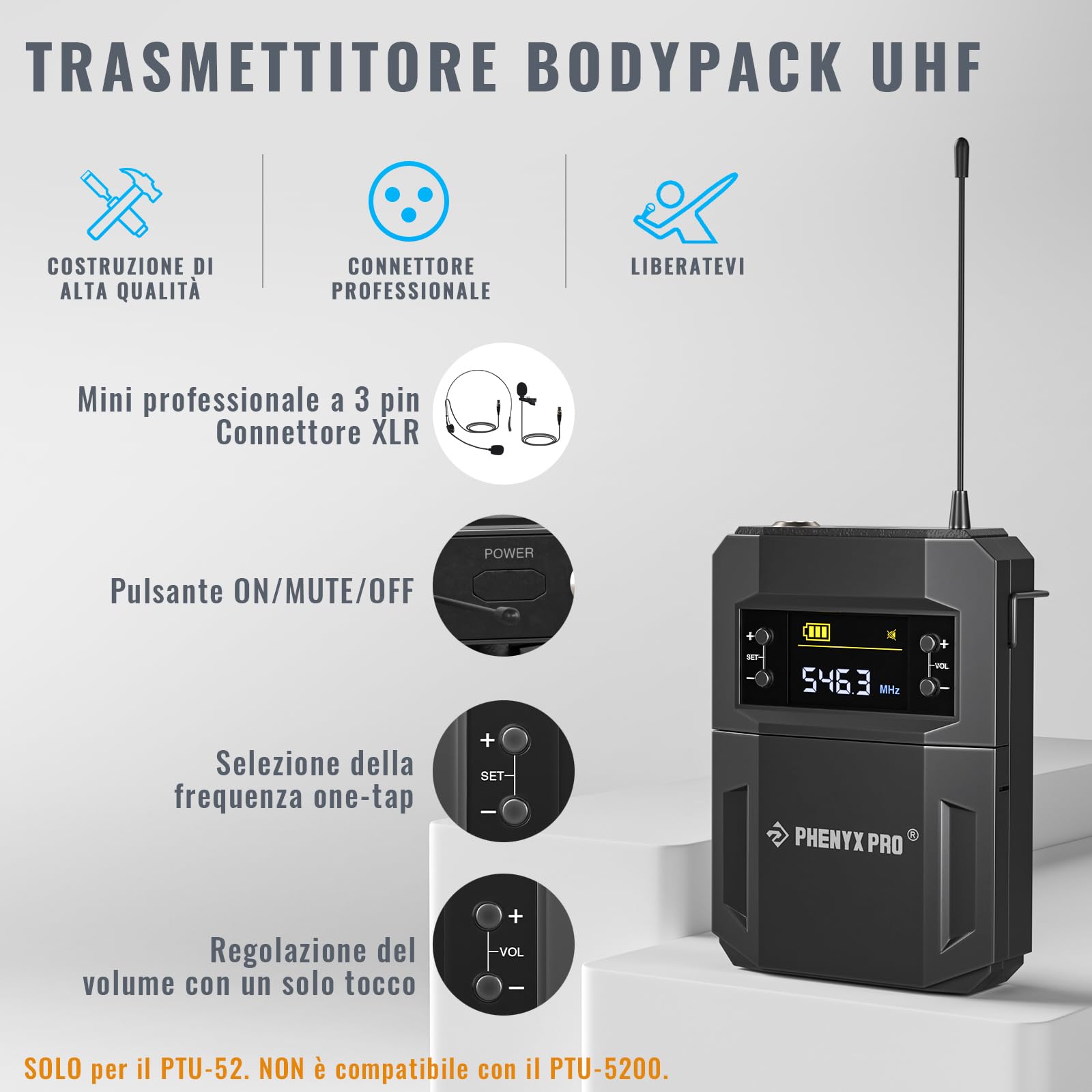 Phenyx Pro Sistema Microfono Wireless UHF a 2 canali PTU-52-2B | Auto Pair, 2 bodypack, microfoni headset/lavalier, 2 × 30 frequenze, portata 200 ft, vivavoce, chiesa