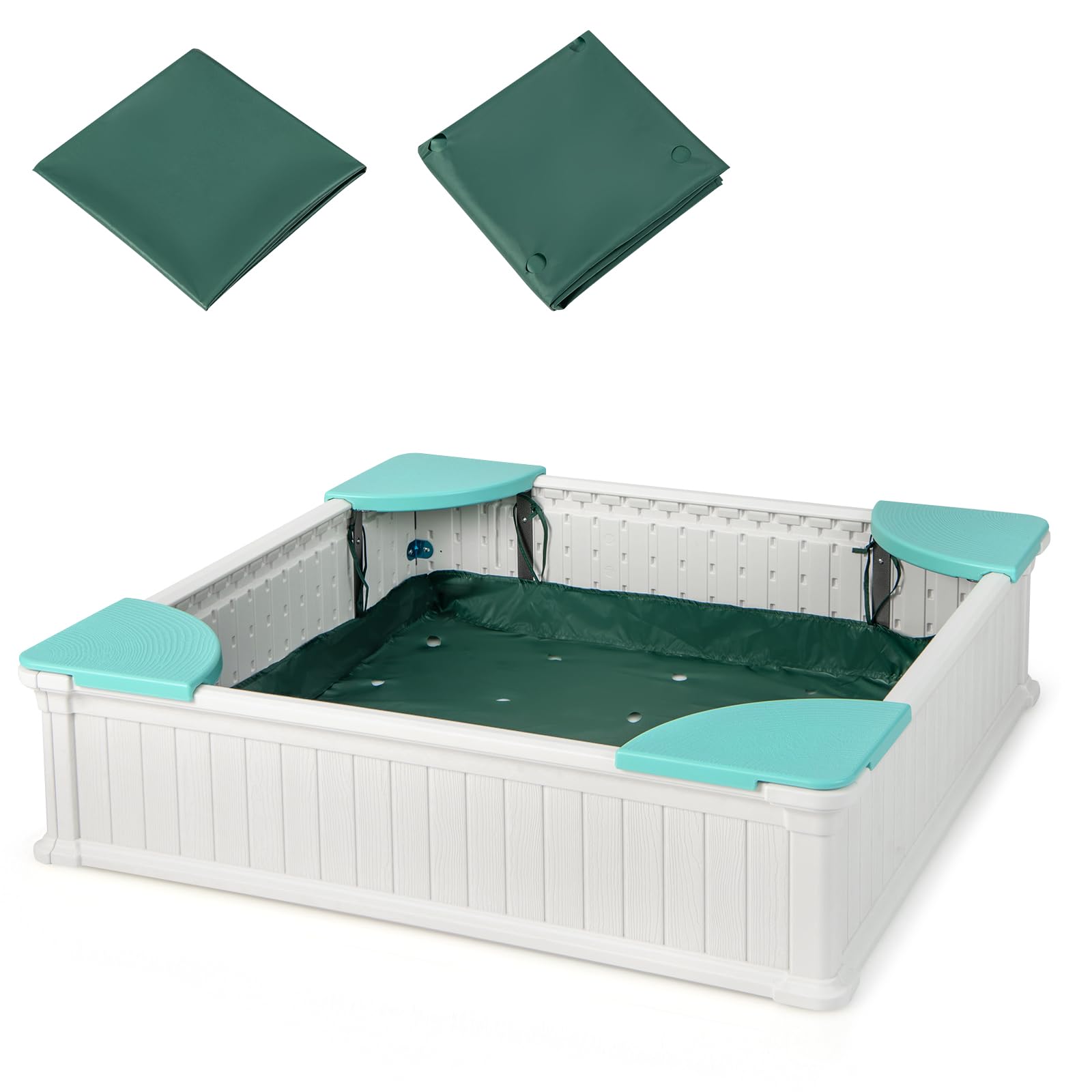 COSTWAY Sabbiera per Bambini, Sabbiera da Cortile con 4 Sedute Angolari e Copertura in Oxford, per Cortile Spiaggia Prato, 123,5 x 123,5 x 31,5 cm (Verde+Bianco)