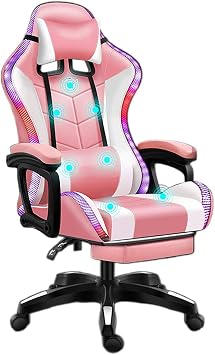 LED Lights Racing Gaming Chair for Adults with Footrest And Massage Lumbar Pillow Swivel Height Adjustable Reclining PU Leather Video Game Chair E-Sports Gaming Chair Big And Tall-Pink