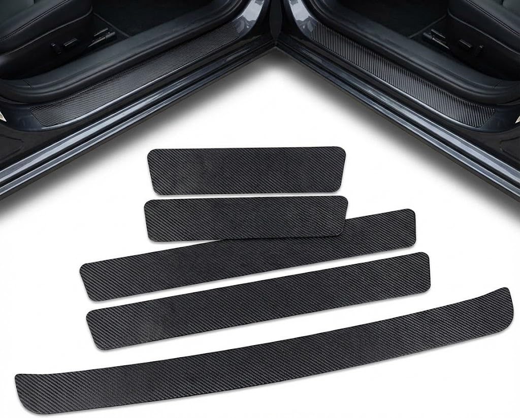 5pcs Car Door Sill Protectors for Hummer H2 2003-2009, Carbon Fiber Scuff Plate Guards Anti Scratch Rear Bumper Guard Trim Accessories,4 Door sill Strips + 1 Trunk sill strip90*7cm