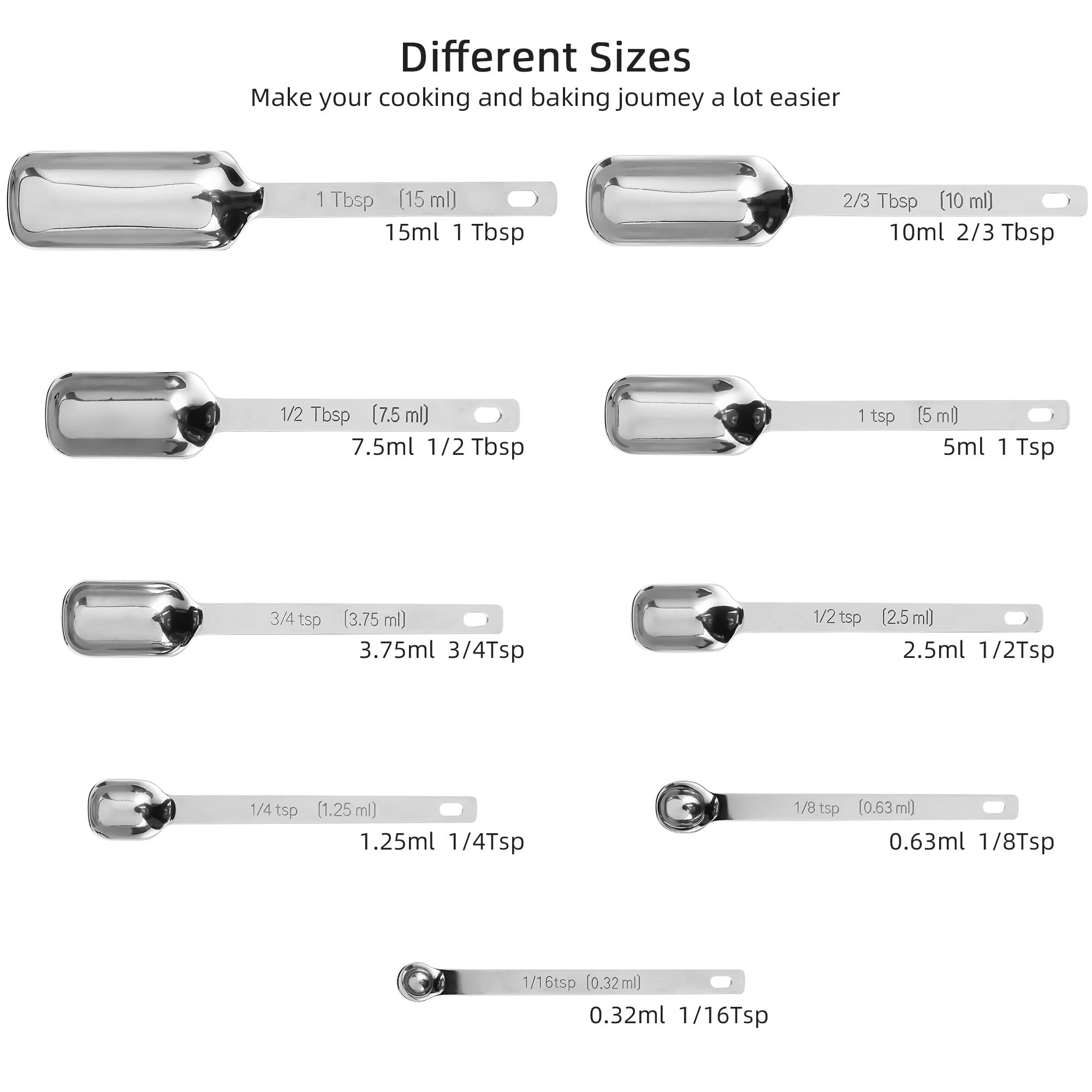 Messbecher und Löffel Set 18, 7 Edelstahl Messbecher-Set, 9 Gewürze lange Messlöffel mit 1 Nivellierer für Küche und Backen, 18/8 Stahl trockene metrische Messbecher & Löffel Set
