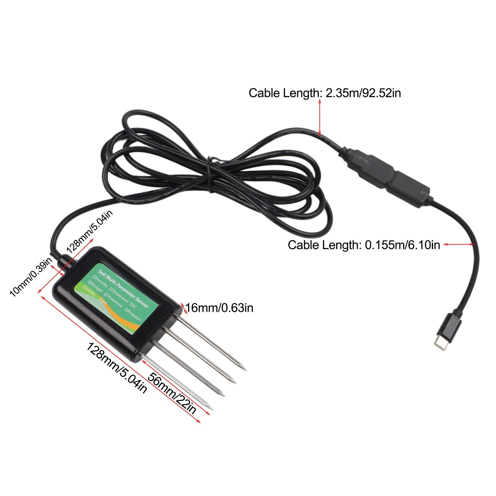 Analizzatore del suolo USB 8 in 1 per misurare NPK, pH, umidità, temperatura e sale, con sonda in acciaio inox