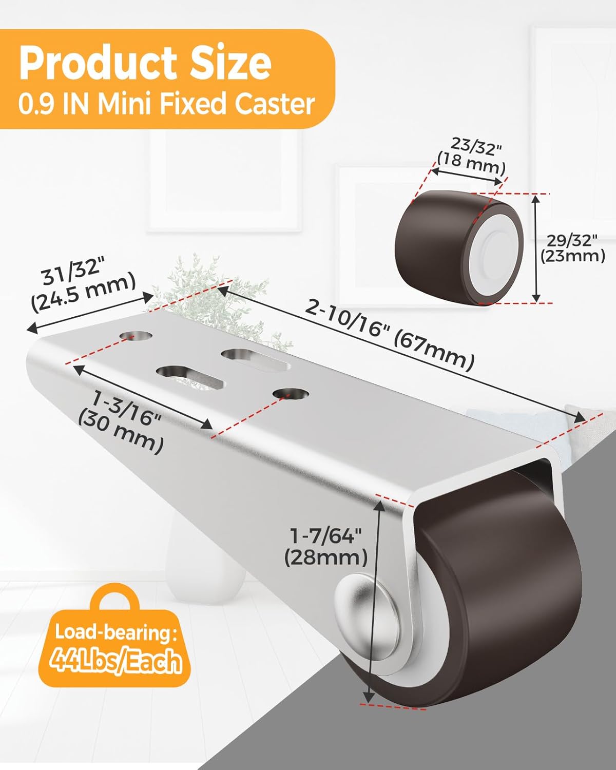 0.9-Inch Low Profile Mini Casters Wheels Set of 2, Silent TPE Long Frame Rigid Fixed Castor Wheels for Furniture, Room Door, Underbed Drawer, Storage Box, Cabinet, DIY Projects (16)