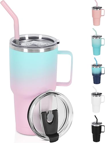 Vaso aislado de 30 onzas con asa, de acero inoxidable, vaso de viaje de acero inoxidable, taza de café aislada de doble pared, a prueba de derrames,