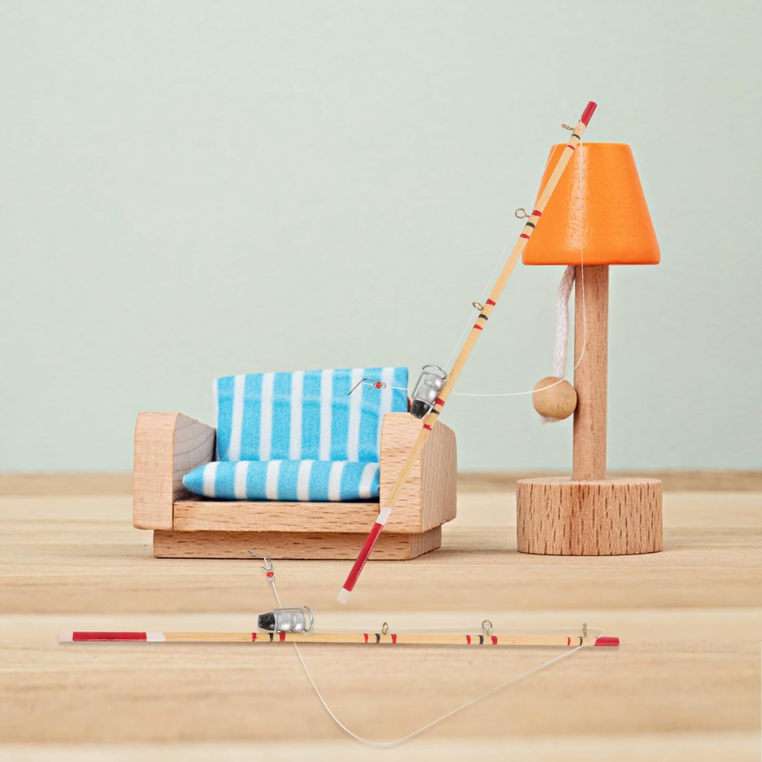 TOYANDONA Miniature Fishing Pole - 2pcs Realistic Miniature Fishing Rod Dollhouse Pole with an Actual Hook for Dollhouse Accessories Cake Topper Decorations
