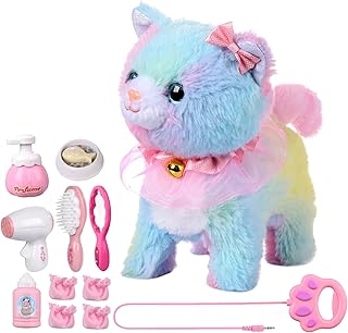 Remote Control Electronic Plush Cat Toy Pet for Girls Kids Interactive Toys, Walks, Barks, Pretend Dress Up Realistic Stuffed Animal for Age 3 4 5+ Years Old Best Gift (Cat-Colourful)