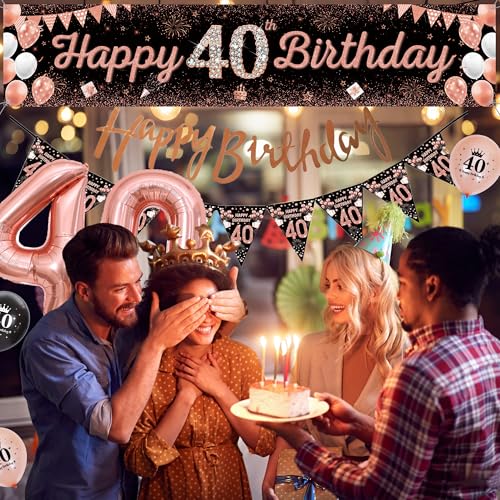 Runyuzi Luftballons Deko 40. Geburtstag Frauen - 47 Stücke Geburtstagsdeko 40 Jahre Schwarz Rosegold, Happy Birthday Banner Zahlen 40 Herz Ballons Tortendeko für Party