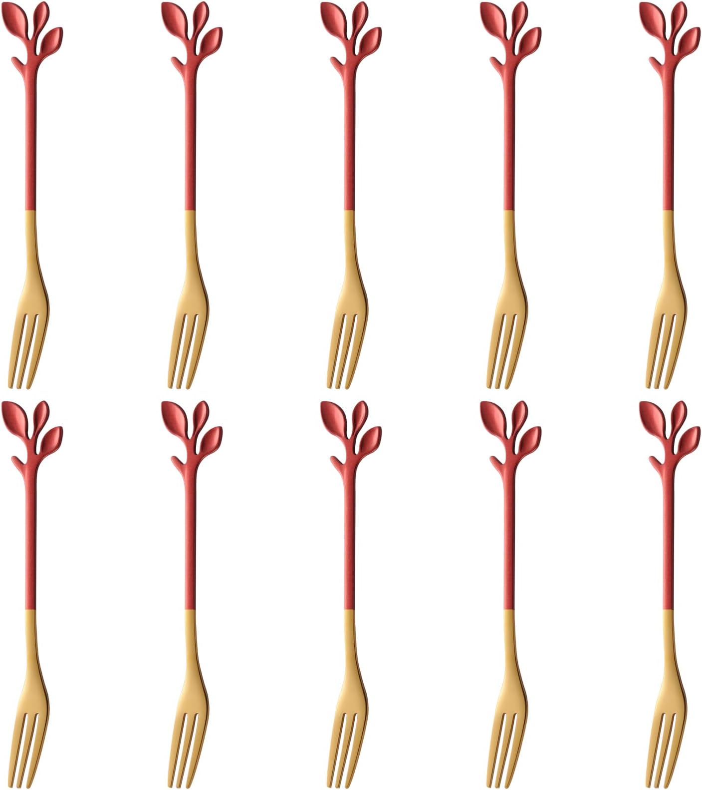 AnSaw 10-Piece Red & Gold Small Leaf Appetizer Forks Set - 4.7" Elegant Stainless Steel Fruit, Dessert, Cake & Salad Forks - Perfect for Cocktail Parties & Home Use