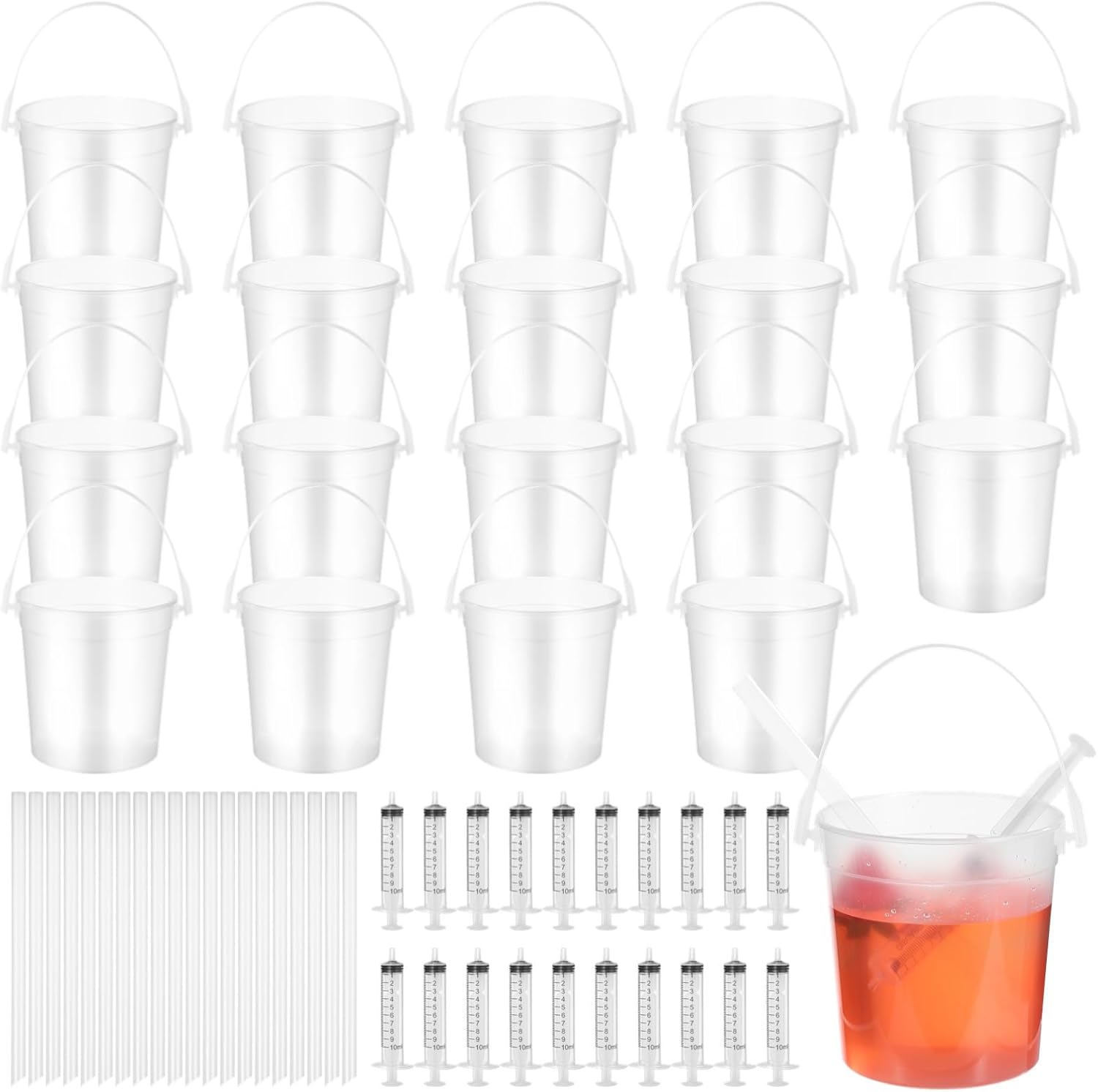 20 Sets Clear Rum Buckets, 32 oz Plastic Drink Buckets with Straws and Syringes, Food-safe & Reusable PP Cocktail Buckets, Food Storage Containers for Parties, Events, and Family Gatherings